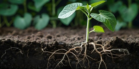 Roots of green soybean plants thriving in soil. Concept Green Soybeans, Plant Growth, Agriculture, Organic Farming, Soil Health