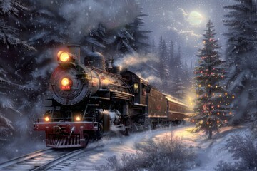 Vintage steam train traveling on snowy tracks through a forest at night with a full moon and a decorated christmas tree