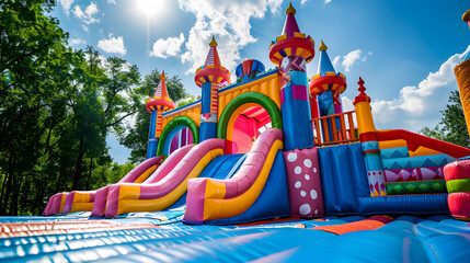 Colorful inflatable castle with slides. Generative by AI