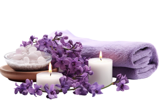 Purple Flowers, Burning Candles, and a Soft Towel Create a Relaxing Spa Setting on a White or Clear Surface PNG Transparent Background.