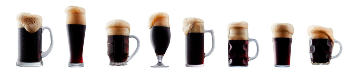 Set of beer cocktails with foam isolated on white background
