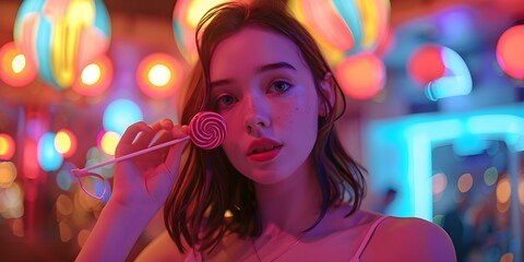 Naklejka premium A futuristic teen girl enjoys a lollipop in a neon-lit disco club captured in a multiscreen shot. Concept Futuristic Aesthetics, Teenage Lifestyle, Neon Lighting, Multiscreen Composition