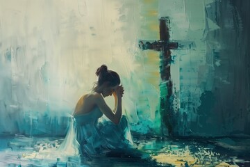 Woman kneels in front of cross, praying contemplating. Dark blue background highlights devotion. Christian faith, spiritual moment, prayer, contemplation, worship, sacred space, quiet reflection.