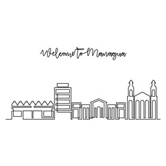 One continuous line drawing of Managua skyline vector illustration. Modern city in Central America in simple linear style vector design concept. Big city in Nicaragua. Iconic architectural building