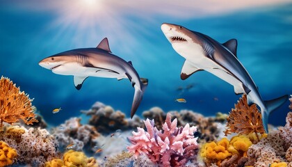 Fototapeta premium Ocean Ballet: Playful Sharks Dancing Amidst Vibrant Coral