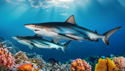 Obraz premium Ocean Ballet: Playful Sharks Dancing Amidst Vibrant Coral