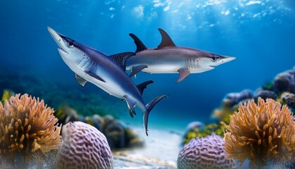 Fototapeta premium Ocean Ballet: Playful Sharks Dancing Amidst Vibrant Coral