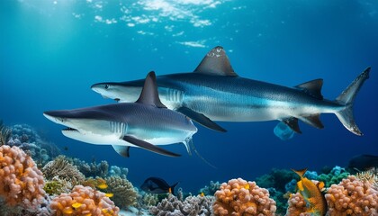 Fototapeta premium Ocean Ballet: Playful Sharks Dancing Amidst Vibrant Coral