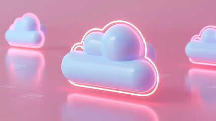 Futuristic 3D neon clouds floating against a pink background, representing technology, data storage, and cloud computing concepts. 3D Illustration.