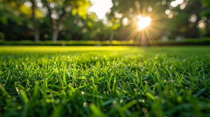 Naklejka premium Green fields of mown grass at sunset. Fresh green lawn. Nature concept.