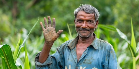 Smiling Indian farmer waving in lush green field wearing blue shirt