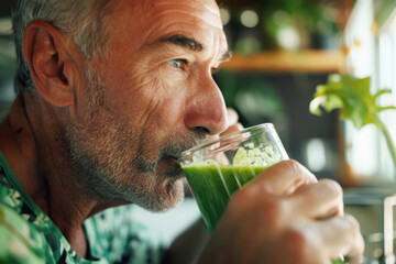 American man with grey hair enjoying green smoothie, focusing on a healthy lifestyle