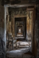 A series of narrow, rectangular doorways inside an ancient temple in Angkor Wat with stone carvings and soft lighting. The perspective is from the ground looking up through one window to another. In e