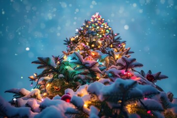 Fototapeta premium Snow covered christmas tree standing tall at night with sparkling lights and falling snow