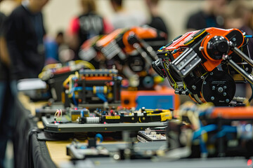 Robotics teams showcasing their creations at a tech competition