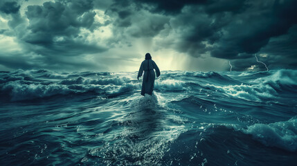 Christian Art of Jesus Walking on Water During a Violent Storm with Crashing Waves and Gloomy Sky