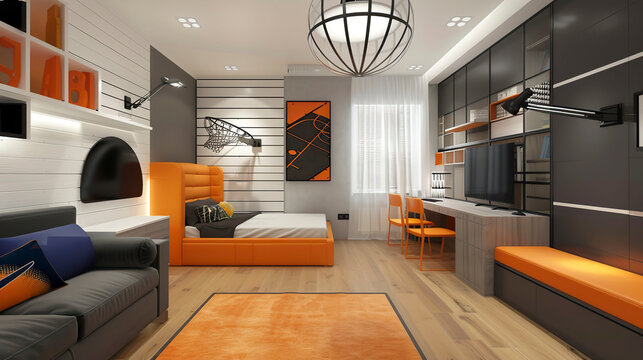 Modern teeneger room with orange and black furniture in basketball style.