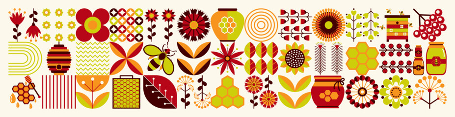 Ukrainian geometric floral sweet pattern. Scandinavian style. Beekeeping, bees, honey, honeycombs, beehives, nectar, flowers. Summer illustration.