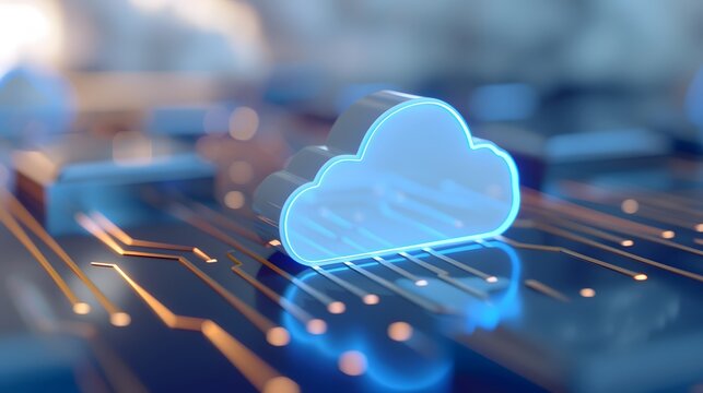 Futuristic cloud computing concept with glowing cloud icon on circuit board, depicting modern technology and data storage innovation. 3D Illustration.