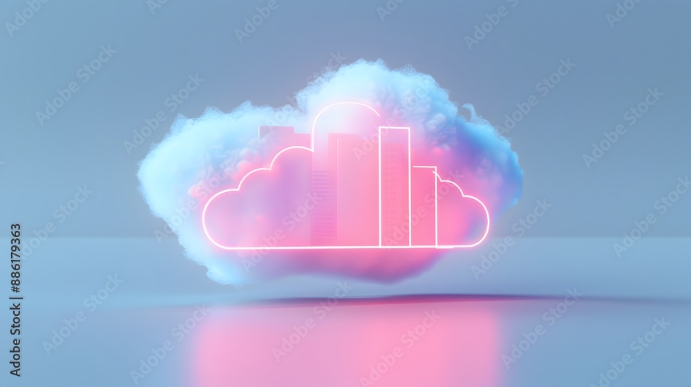 Poster futuristic cloud computing concept with glowing neon light and data visualization, representing mode