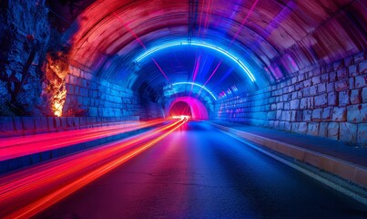 A colorfully illuminated passageway under the Cornelius Bridge in Munich