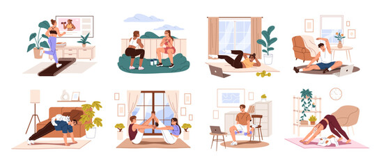 Naklejka na ściany i meble People training at home set. Active men and women do fitness, workout, stretch indoor. Couple practices yoga, friends do sport exercises together. Flat isolated vector illustration on white background