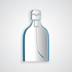Paper cut Bottle of liquid antibacterial soap with dispenser icon isolated on grey background. Disinfection, hygiene, skin care. Paper art style. Vector Illustration