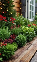 Green foliage, red flowers, wooden planks, and string lights.