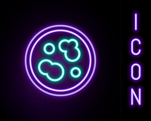 Glowing neon line Petri dish with bacteria icon isolated on black background. Colorful outline concept. Vector