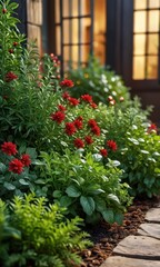 Red Flowers and Green Leaves in a Garden Setting.