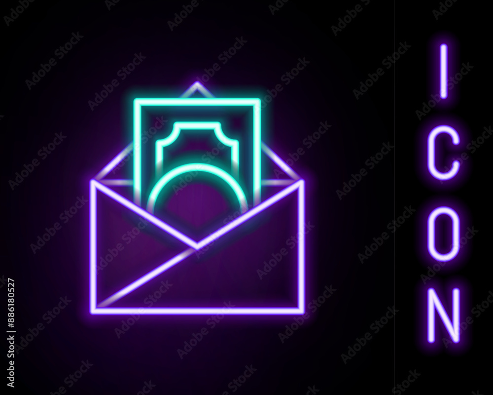 Sticker Glowing neon line Envelope with coin dollar symbol icon isolated on black background. Salary increase, money payroll, compensation income. Colorful outline concept. Vector