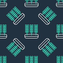 Line Cereals set with rice, wheat, corn, oats, rye, barley icon isolated seamless pattern on black background. Ears of wheat bread symbols. Vector