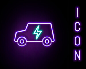 Glowing neon line Electric car and electrical cable plug charging icon isolated on black background. Renewable eco technologies. Colorful outline concept. Vector
