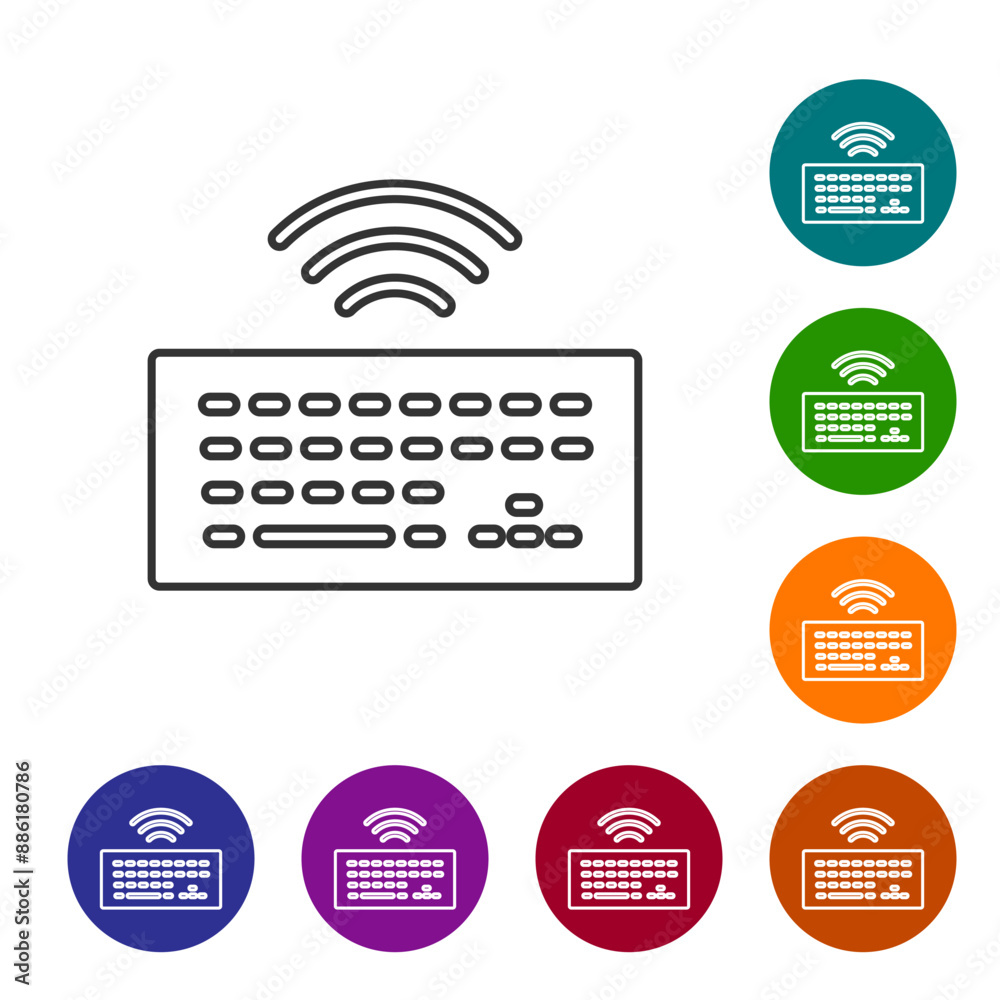 Poster black line wireless computer keyboard icon isolated on white background. pc component sign. internet