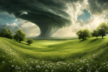 panoramic view of beautiful meadow featuring a twister pristine tornado disaster lots flying leaf and objects ai generated