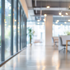 Blurred modern office interior with large windows and natural light.