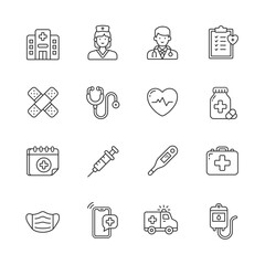 Medical and healthcare icon set in outline style