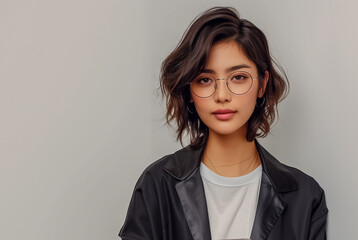 Obraz premium Young business woman have black short hair wearing glasses and a black jacket.