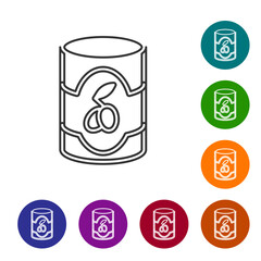 Black line Olives in can icon isolated on white background. Concept of canned food. Set icons in color circle buttons. Vector