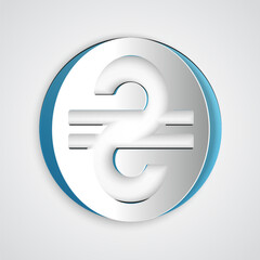 Paper cut Ukrainian hryvnia icon isolated on grey background. Paper art style. Vector