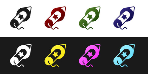 Set Firework icon isolated on black and white background. Concept of fun party. Explosive pyrotechnic symbol. Vector