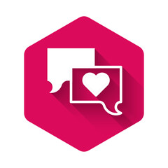Fototapeta premium White Speech bubble chat icon isolated with long shadow background. Message icon. Communication or comment chat symbol. Pink hexagon button. Vector