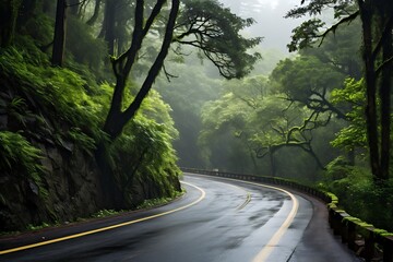 Obraz premium Road in the forest with foggy and misty morning.