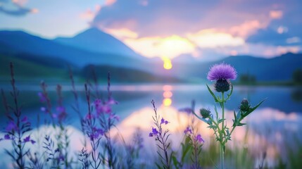 Naklejka premium Sunset Over Mountain Lake with Thistle