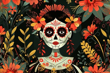 A Colorful Illustration of a Woman With Sugar Skull Makeup Surrounded by Flowers