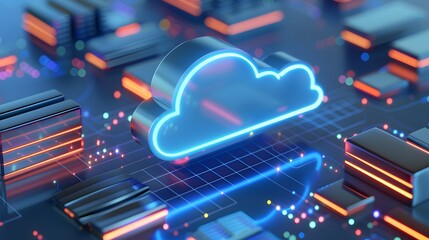 Futuristic cloud computing technology concept with neon lighting and interconnected data components on a circuit board. 3D Illustration.
