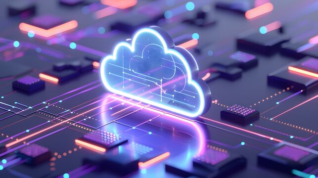 Futuristic cloud computing technology concept with neon lights and circuit board, representing data storage and information technology. 3D Illustration.