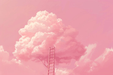 A whimsical ladder leading up to a fluffy pink cloud, representing dreams and aspirations in a surreal setting.