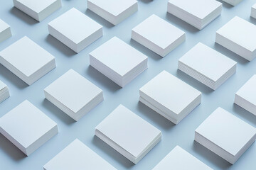 Obraz premium Multiple stacks of white business cards neatly arranged, ready for customization and branding purposes.