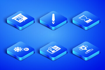 Set Award cup, Projection screen, Identification badge, Timing belt kit, Paint brush and Old hourglass icon. Vector